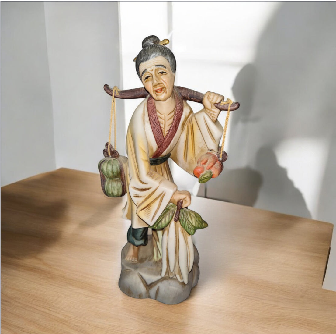 Vintage Chinese Peddler Hand Painted Porcelain Figurine Carrying Fruit & Vegetables