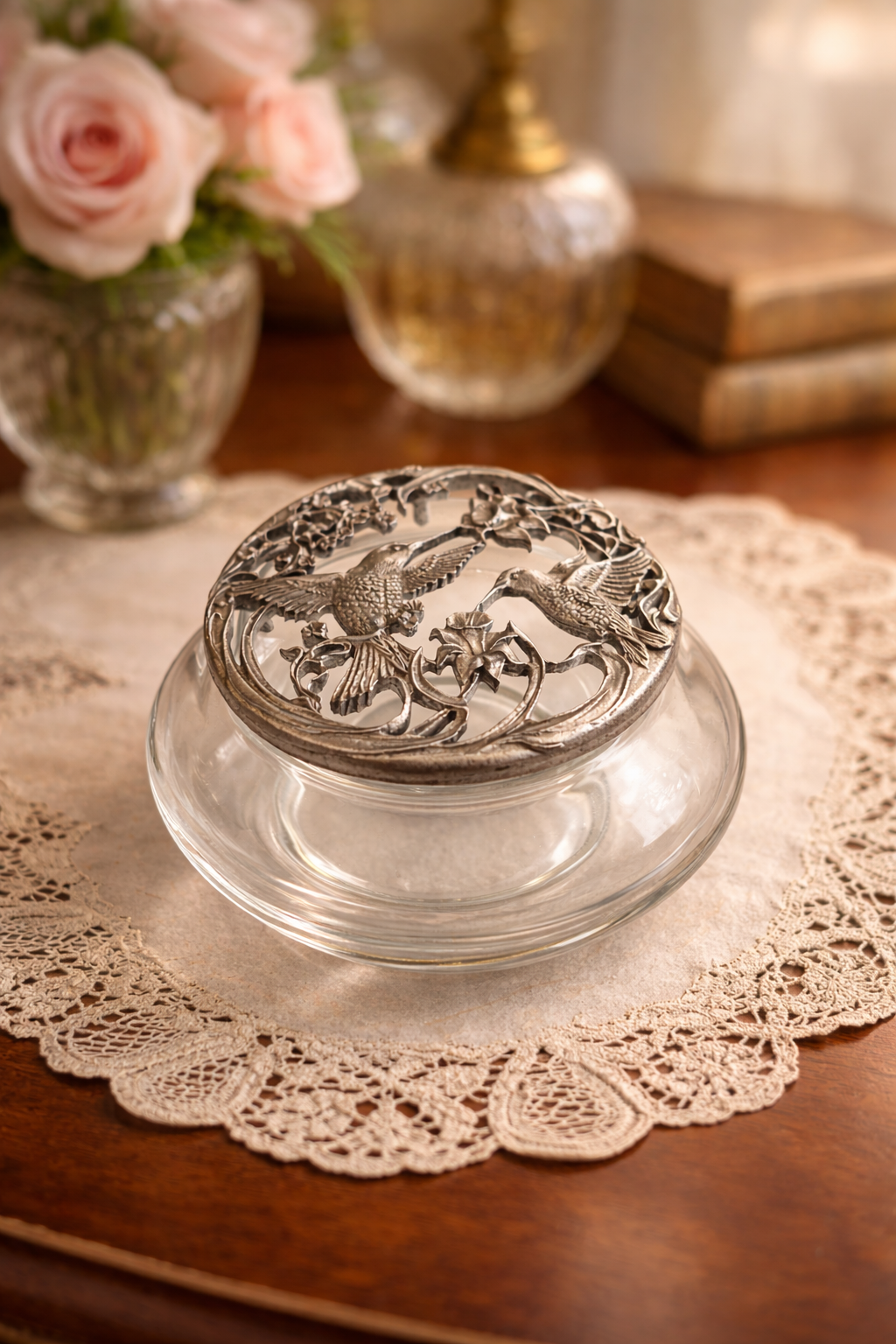 1989 Rawcliffe Pewter Hummingbirds Lidded Glass Potpourri Trinket Dish