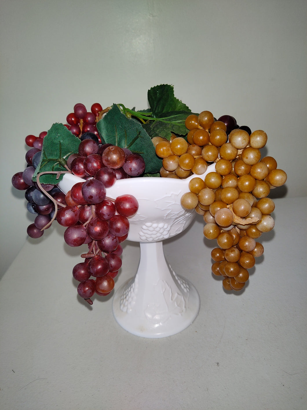 Vintage Harvest Colony Grape Pedestal Milk Glass Compote Bowl, With Vintage Rubber Grapes