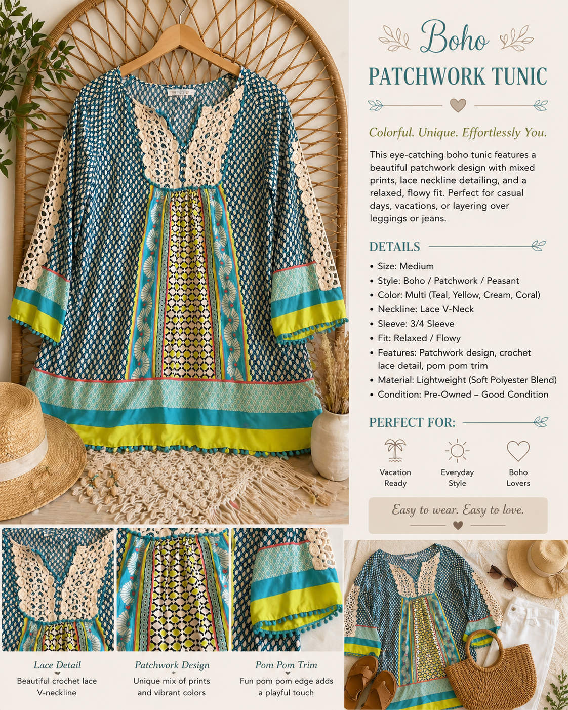 Boho Patchwork Peasant Tunic Top Size M – Lace Detail Flowy Blouse