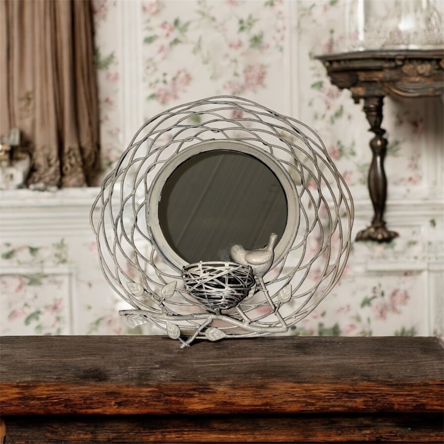 Vintage Shabby White Metal Round Mirror With Bird And Bird Nest
