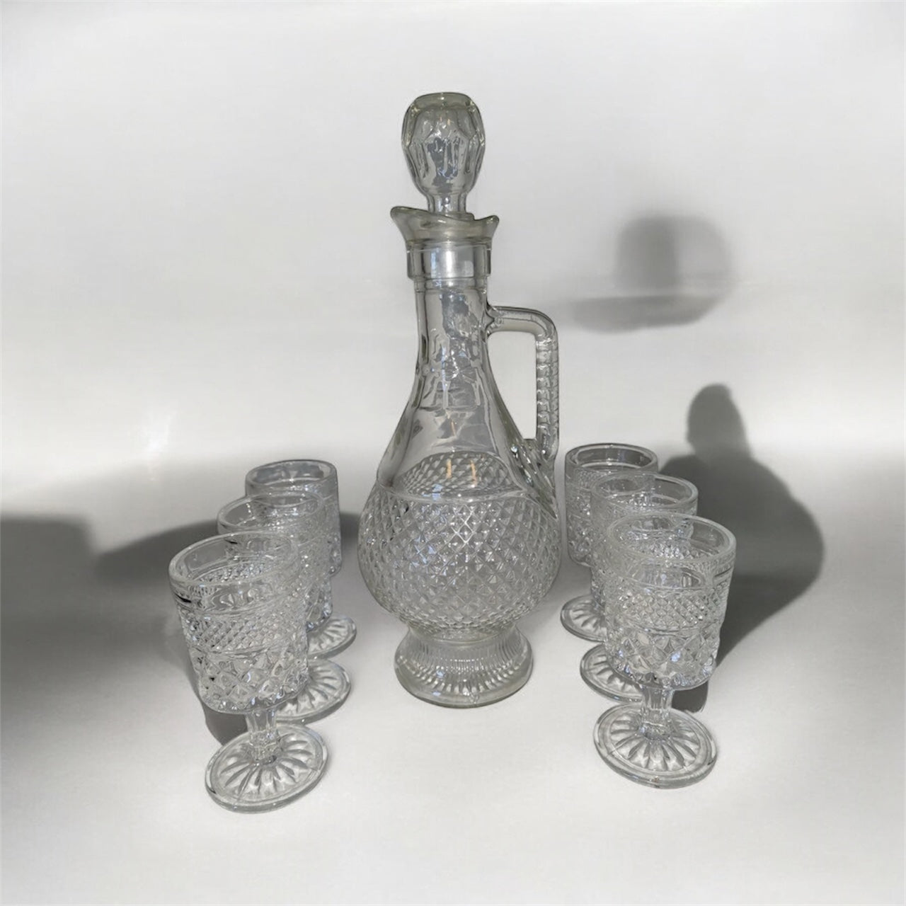 Vintage Clear Glass Decanter And Matching Glasses. 1976