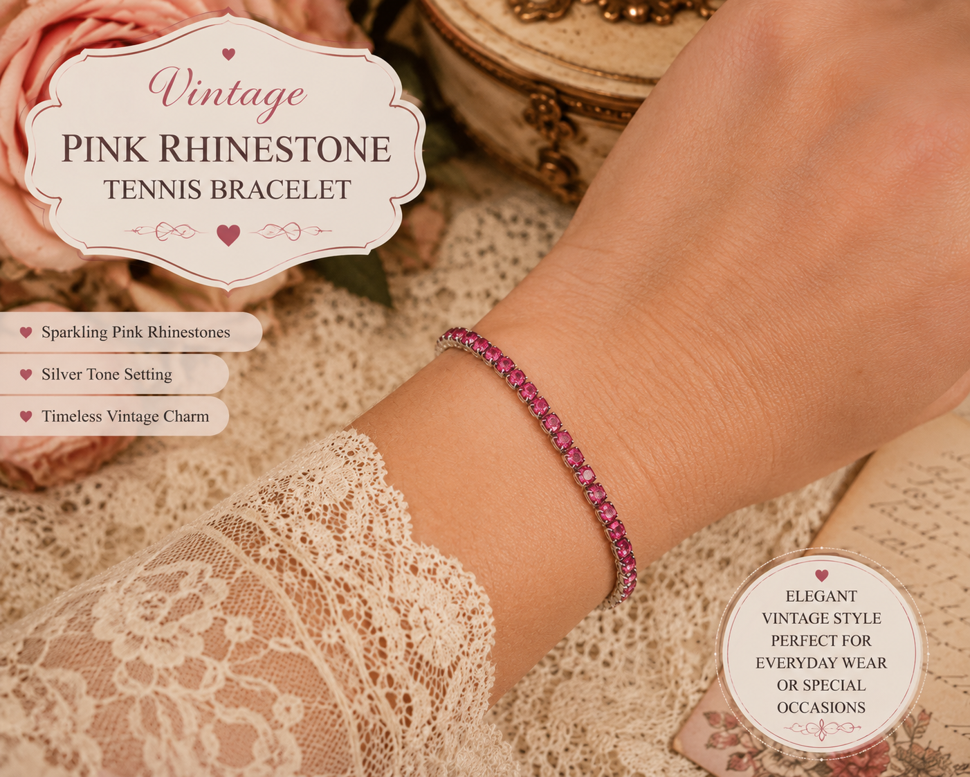 Vintage Style Pink Rhinestone Tennis Bracelet – Silver Tone Sparkling Bracelet