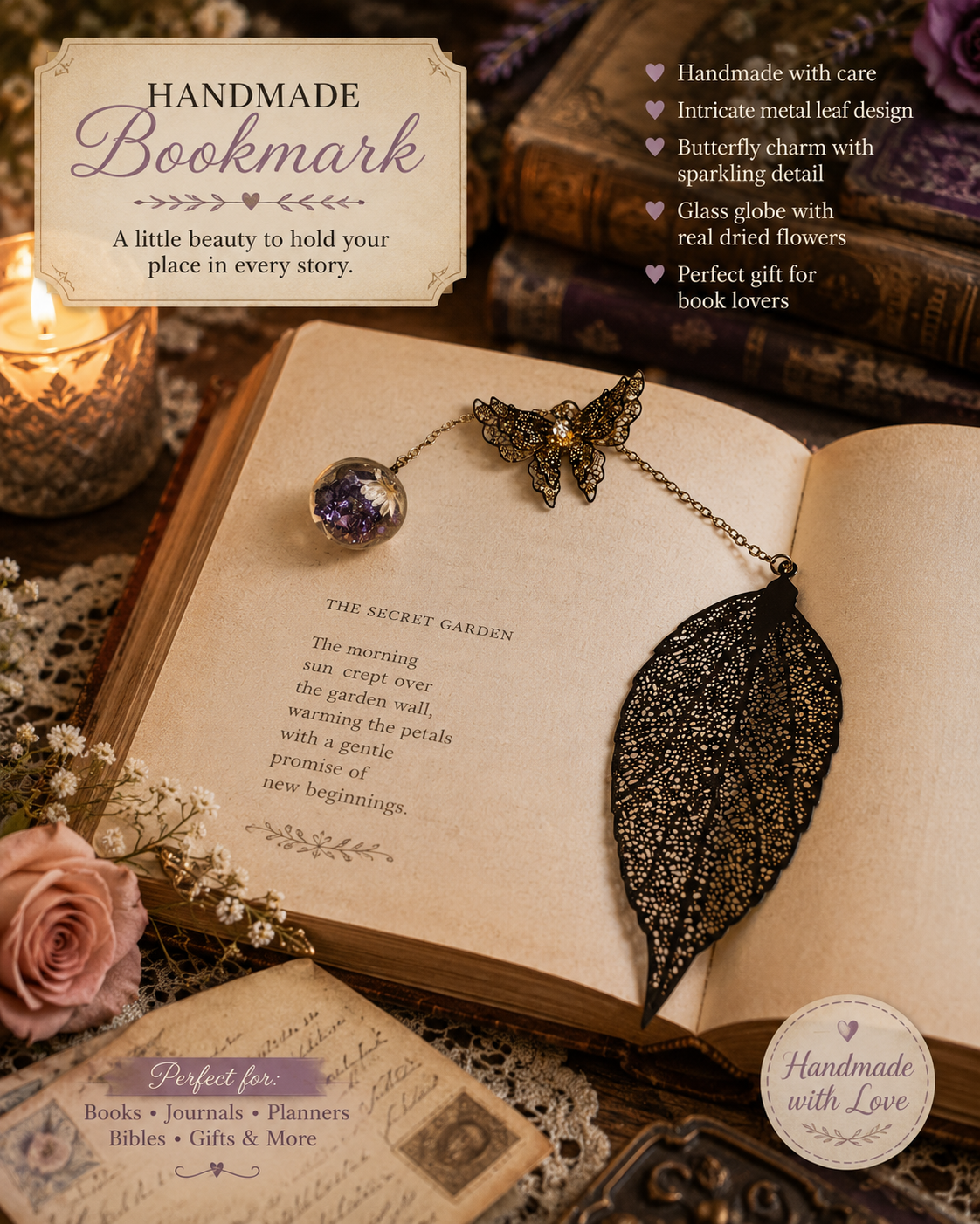 Handmade Metal Leaf Bookmark with Butterfly & Glass Floral Charm