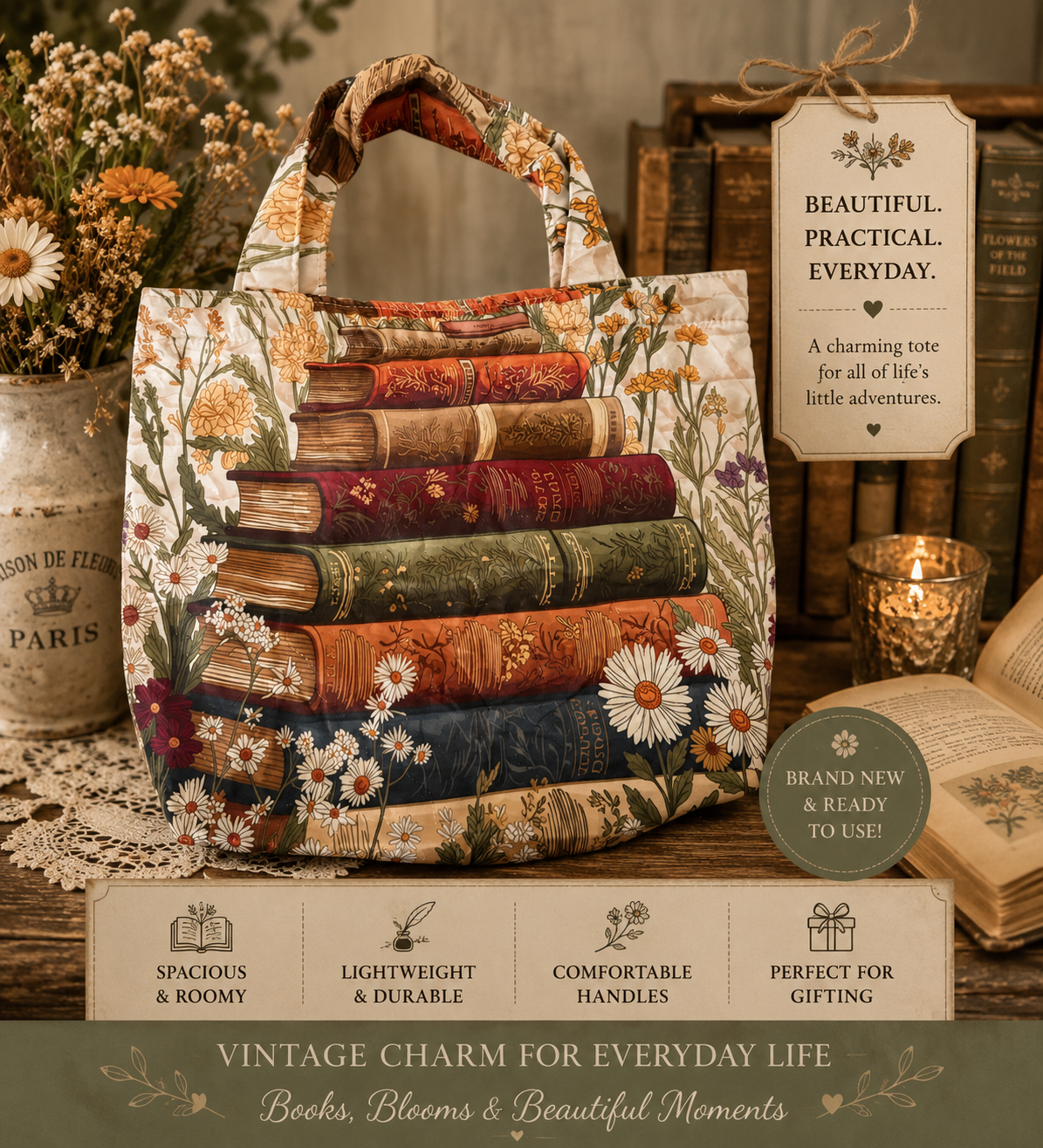 Brand New Vintage Books & Wildflower Tote Bag