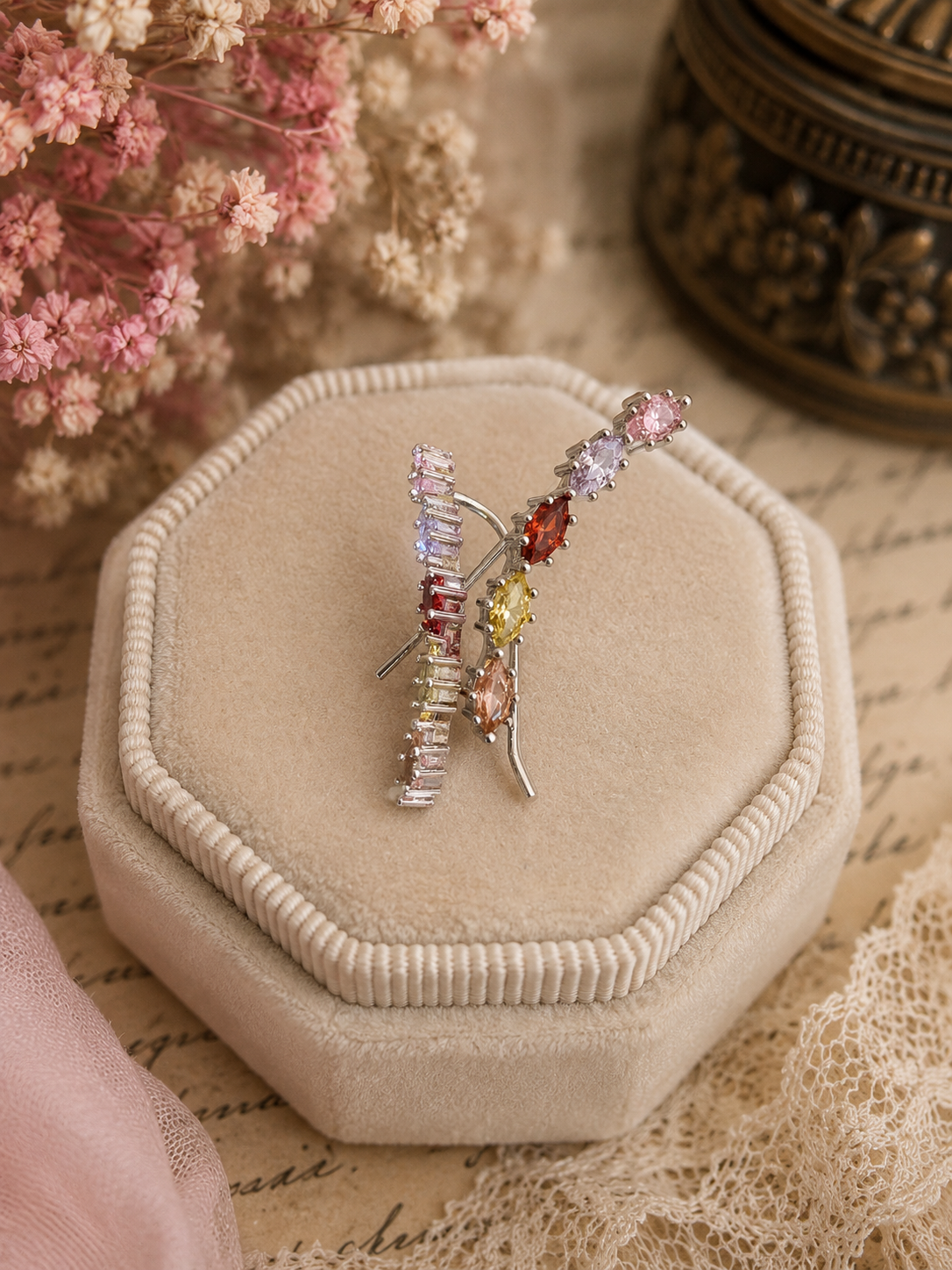 Silver Tone Multicolor Crystal Ear Climber Earrings | Ear Crawler Earrings | Colorful Pierced Ear Creepers