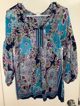 Load image into Gallery viewer, Luna Chix Blouse Large Blue Purple Black Paisley Boho Peasant 3/4 Sleeve Pleated