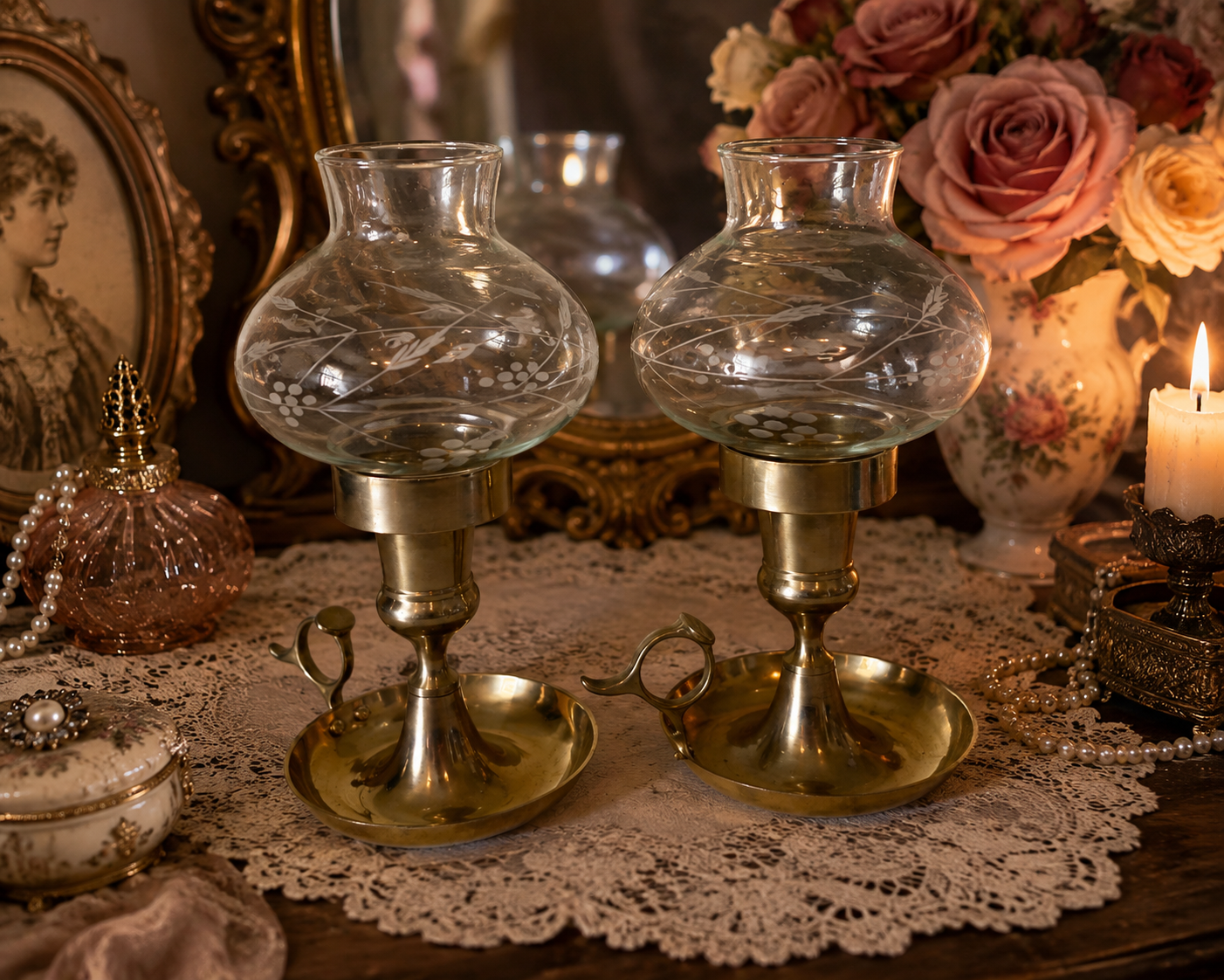 Vintage Brass Chamberstick Candle Holders with Etched Glass Hurricane Shades – Pair