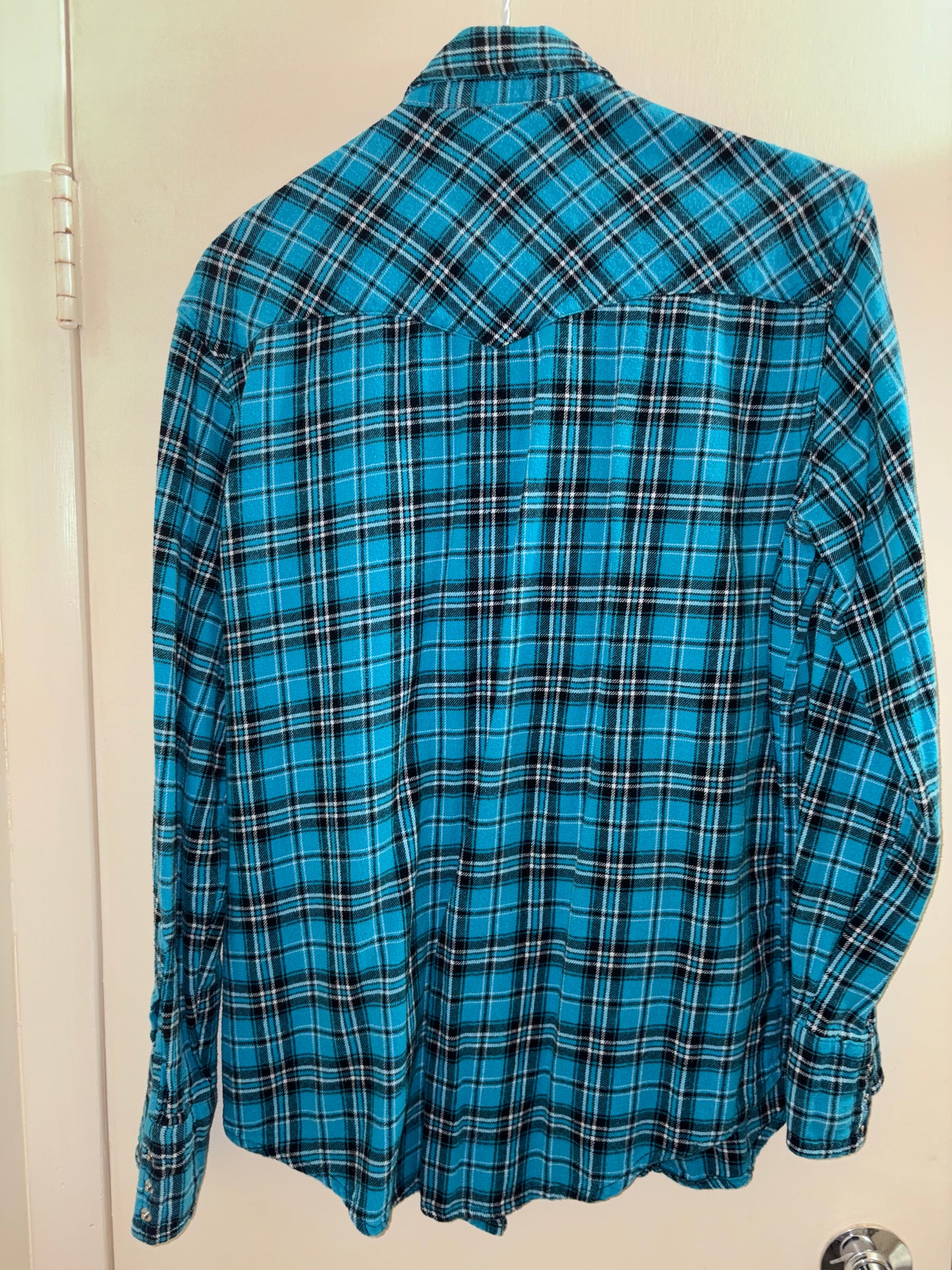 MENS Wrangler Wrancher Pearl Snap Shirt Plaid Blue Western Cowboy Small