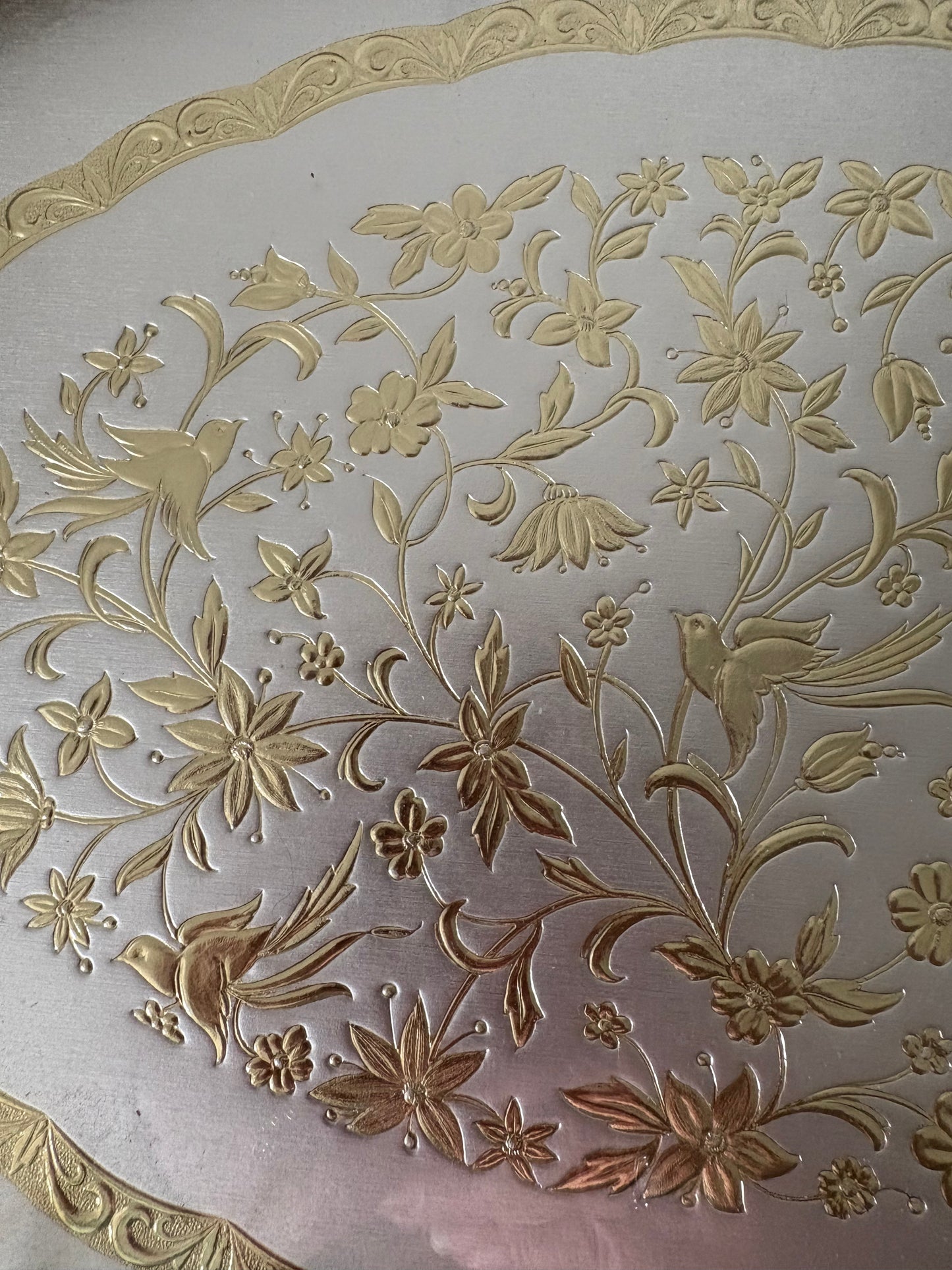 Vintage Gold Metal Glass Vanity Tray MCM Hollywood Regency Victorian Bird Floral
