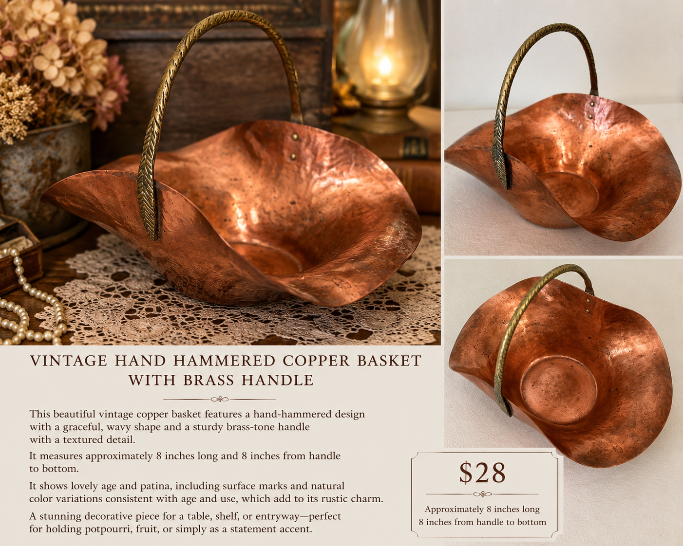 Vintage Hand Hammered Copper Basket. Brass Handle
