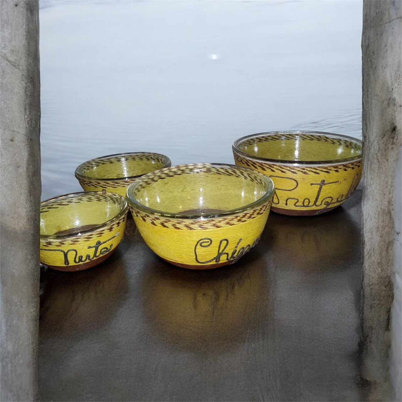 Midcentury Yellow and Brown Twine Rope Nesting Glass Stacking Snack Bowls Set