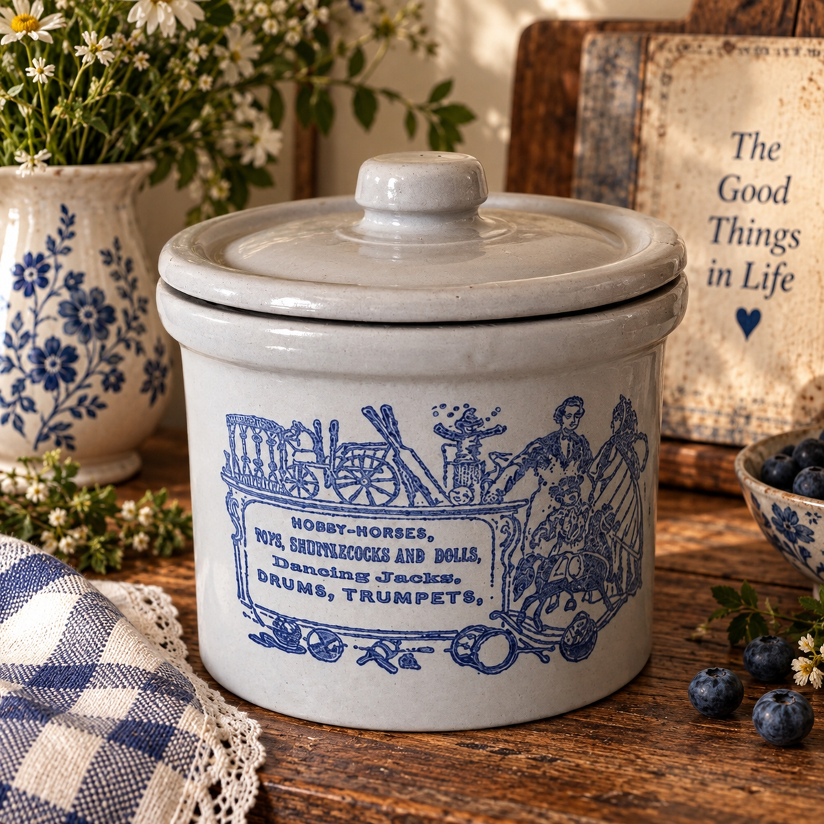 Vintage Blue & White Stoneware Covered Crock – Victorian Toy Motif