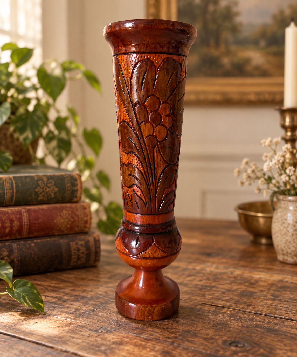 Hand-Carved Wooden Floral Vase – Approx. 10”