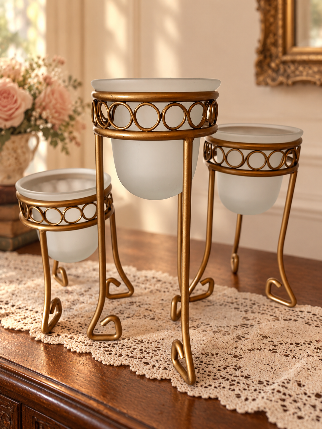 Gold-Tone Metal Candle Holder with Three Frosted Glass Cups
