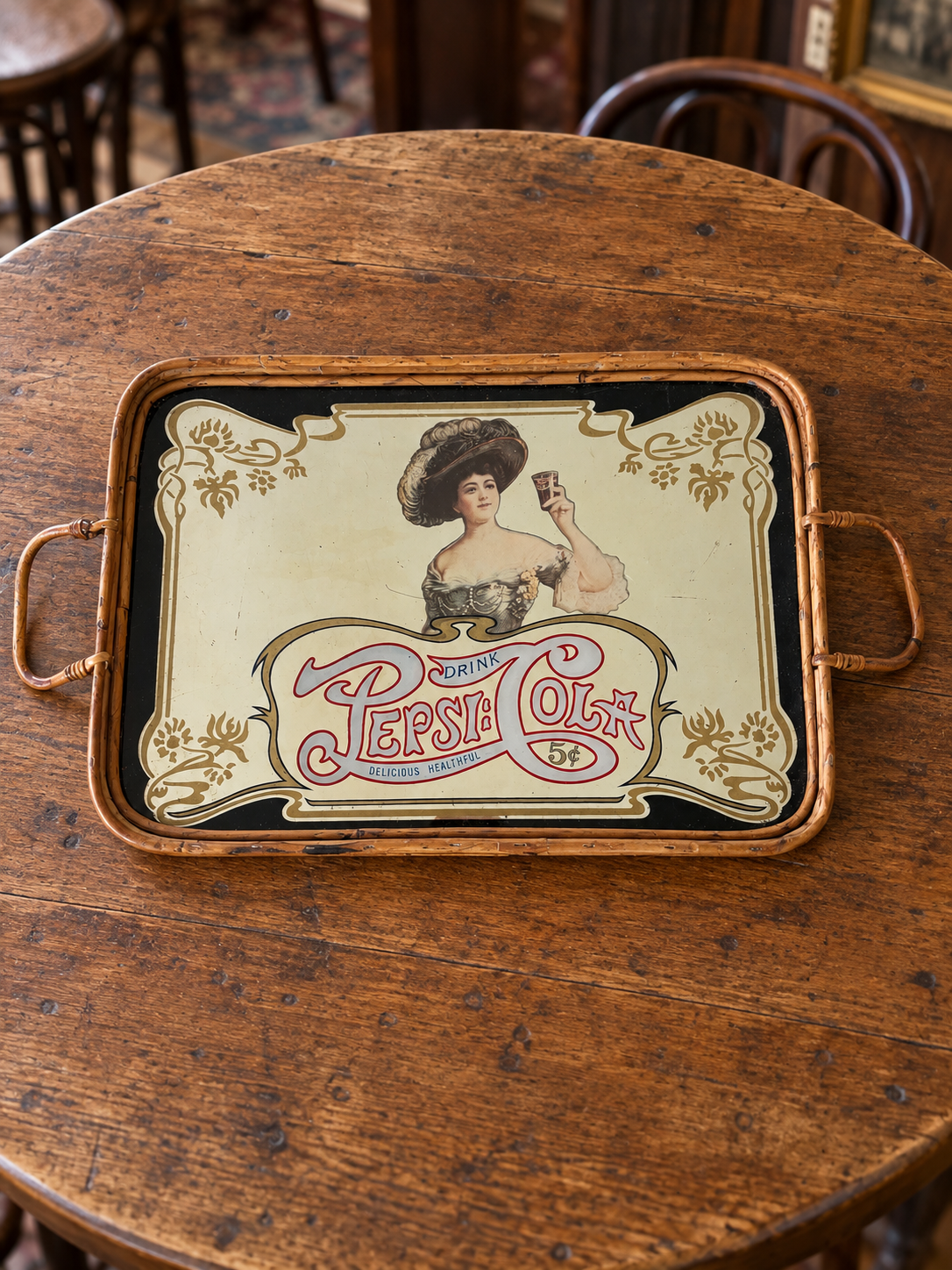 Pepsi-Cola Mirrored Tray with Rattan-Style Frame – 16 × 11 Inches