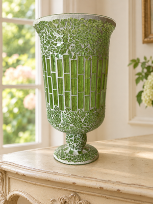 Green Mosaic Glass Pedestal Vase – 12 Inches