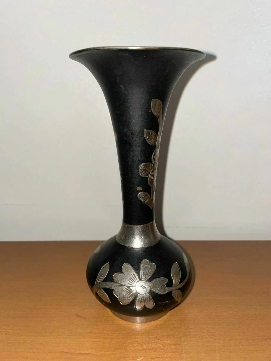 Black And Silver Niello Vintage Flower Vase made in India