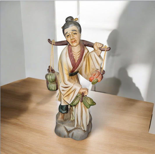 Vintage Chinese Peddler Hand Painted Porcelain Figurine Carrying Fruit & Vegetables