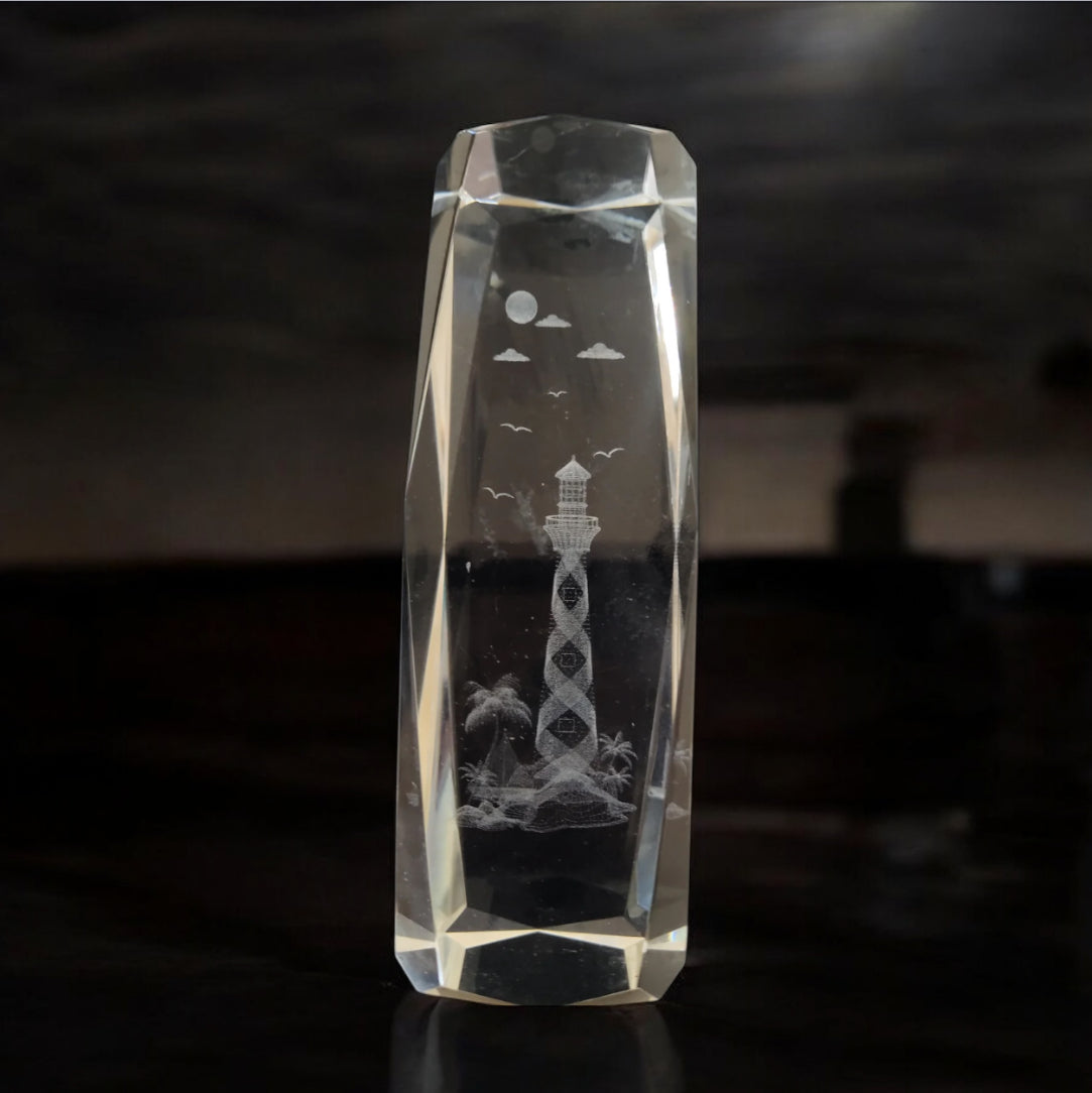 Lighthouse Island Palm Tree 3D Laser Etched Solid Glass Crystal Paperweight