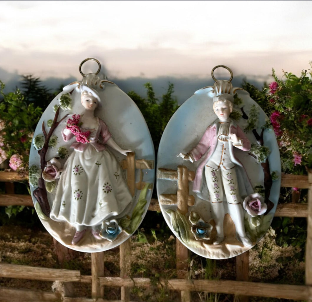 Vintage Pair of Lipper & Mann Porcelain Plaques, Colonial/Victorian Couple, 1950