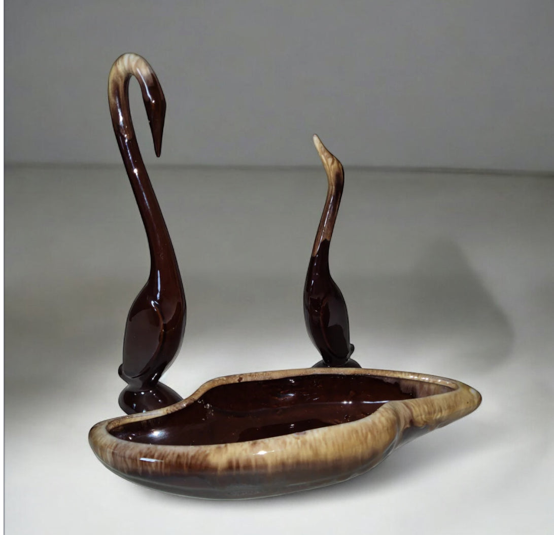VTG EUC 3 Pc MCM Redware Art Set Brown Drip Glaze 2 Swans & Abstract Bowl Enesco