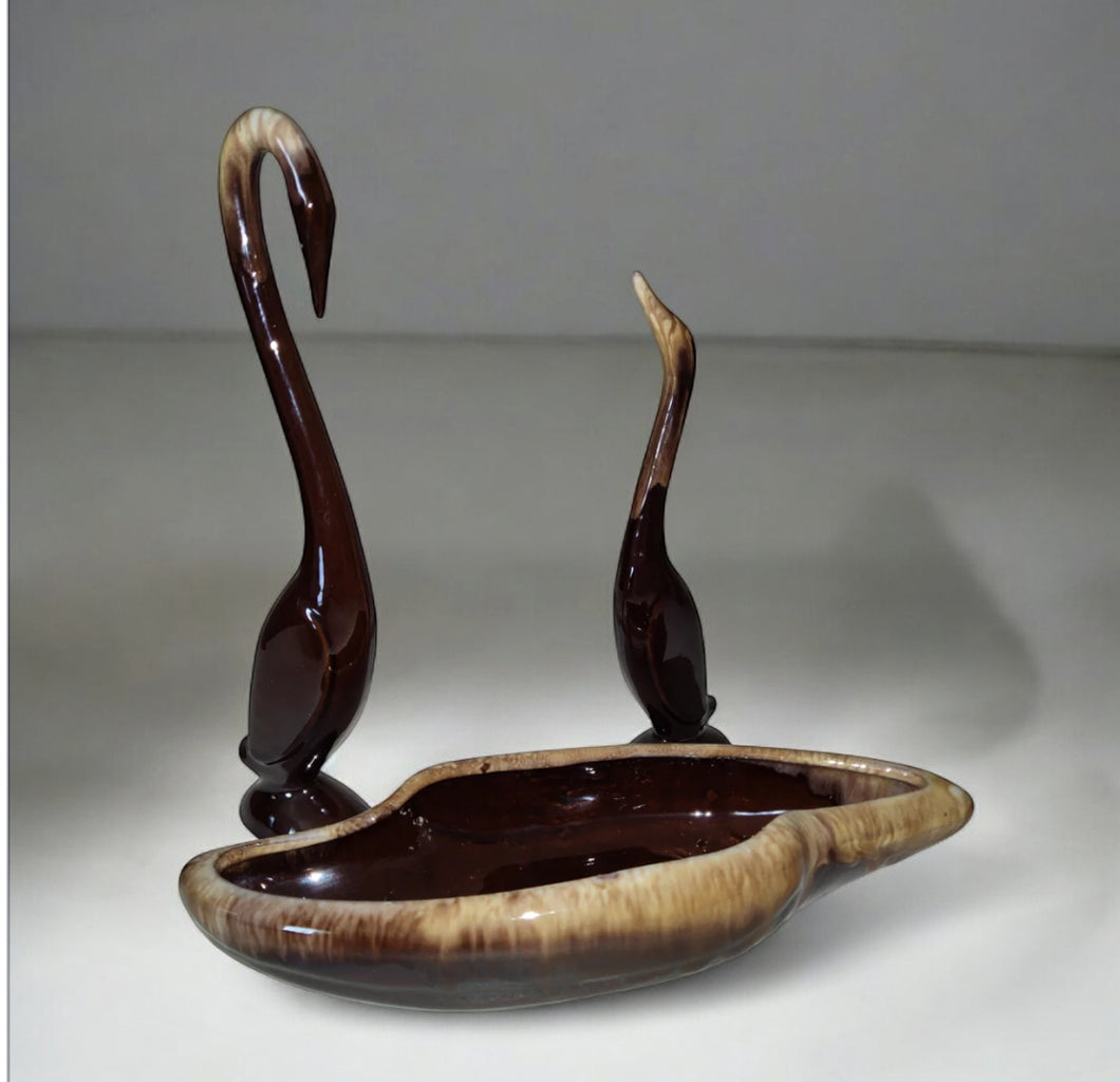 VTG EUC 3 Pc MCM Redware Art Set Brown Drip Glaze 2 Swans & Abstract Bowl Enesco