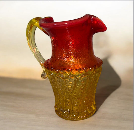 Vintage Kanawha Glass Amberina Creamer Mini Pitcher 4 “ With Handle  Red Yellow