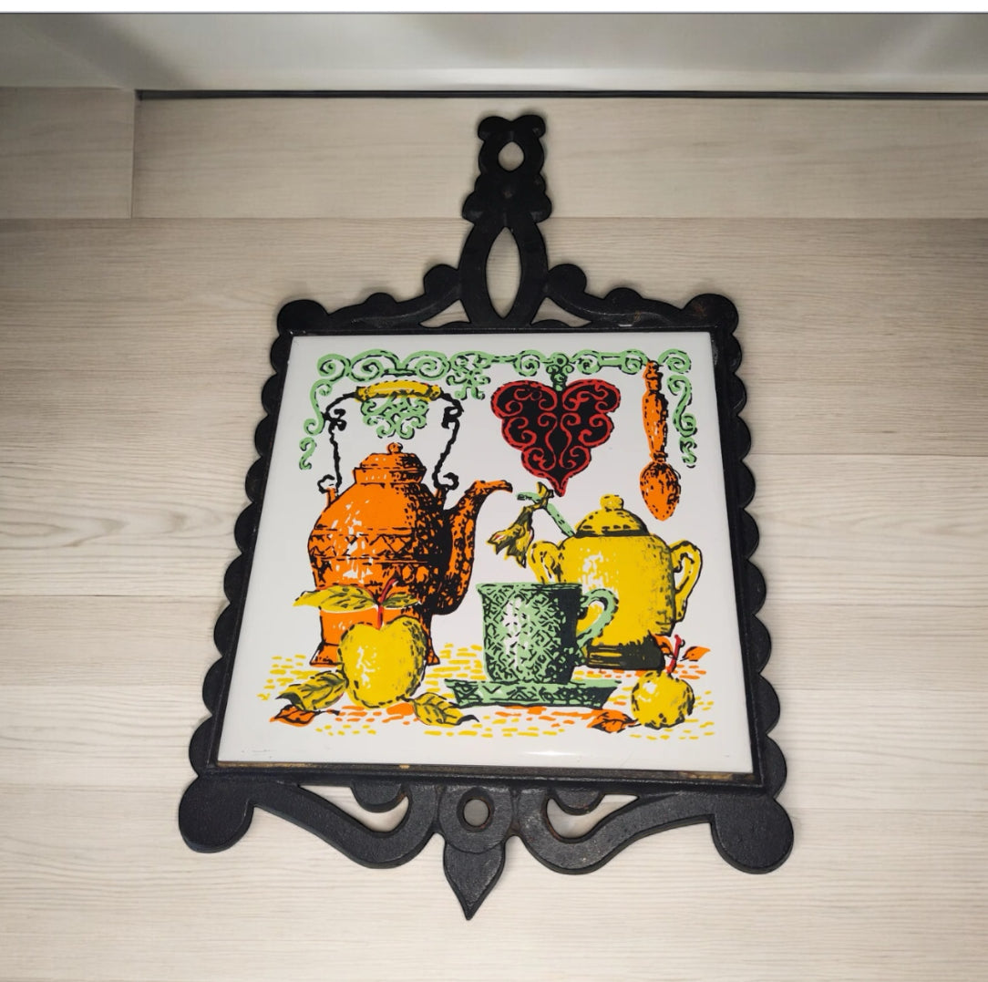 Salvamanteles vintage de cocina de estilo rústico, de hierro fundido negro y azulejos, para verduras y té