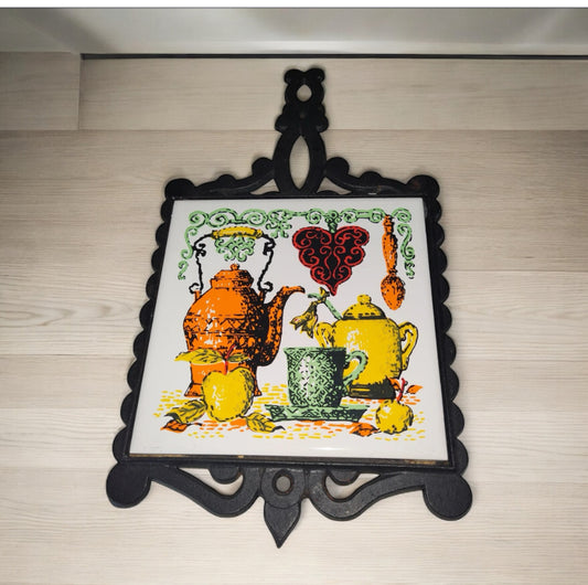 Vtg Farmhouse Kitchen Trivet Black  Cast Iron & Tile Vegetables Tea Pot