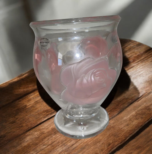 France TeleFlora Frosted Pink Roses Vase Bowl Clear Heavy Glass
