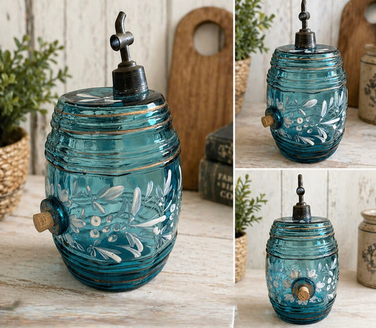 Vintage Blue Glass Dispenser Decor | Hand Painted Floral Jar | Farmhouse Kitchen Decor | Cottage Style Accent