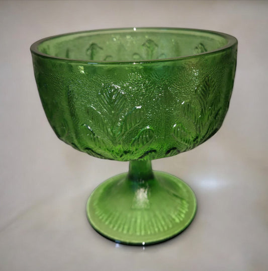 Vintage Glass FTD Green Footed Compote Bowl Vase Candy Dish Oak Leaves