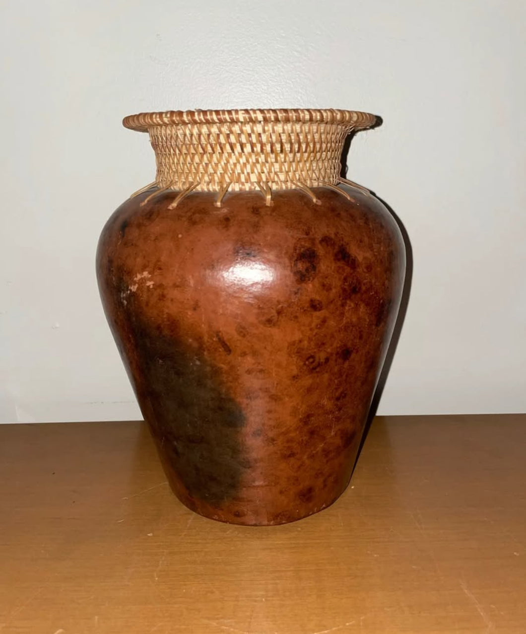 Vintage Pottery Vase With Wicker Top