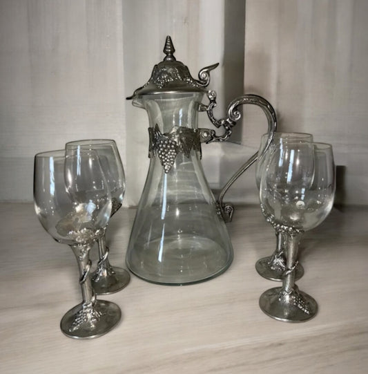 Wine Decanter Clear Glass And Four Glasses with Pewter Grape Motif Handle and Tankard Style Lid- E.P.U. Europe