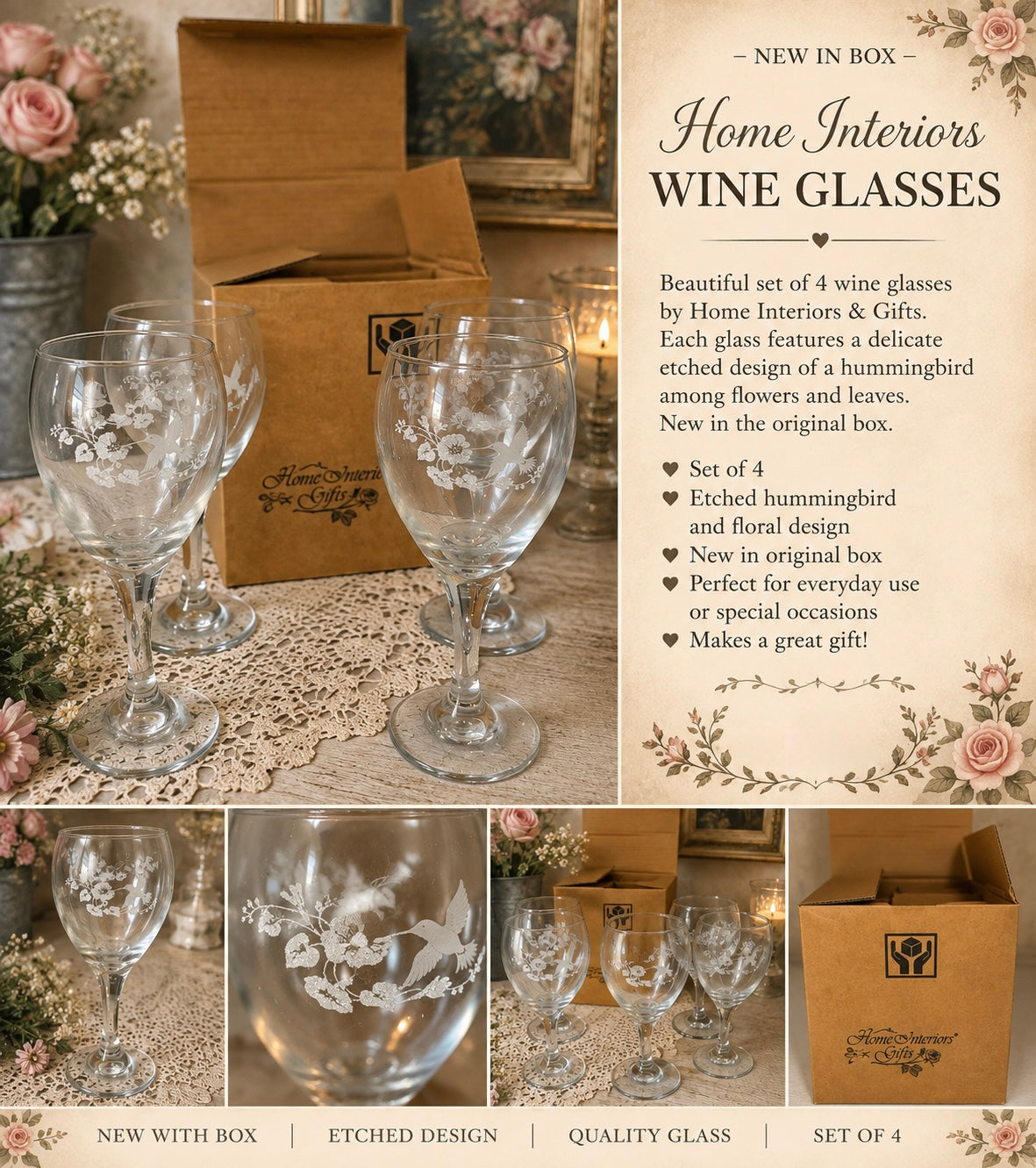 Vintage Home Interiors & Gifts Hummingbird Wine Glasses – Set of 4 – New in Box