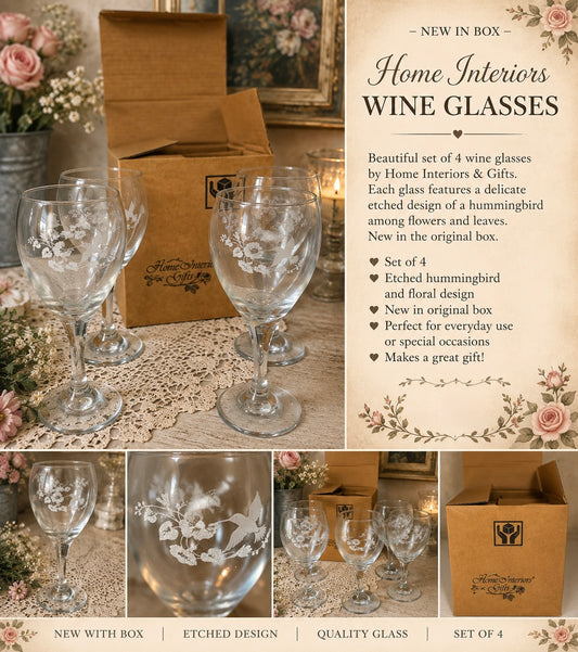 Vintage Home Interiors & Gifts Hummingbird Wine Glasses – Set of 4 – New in Box