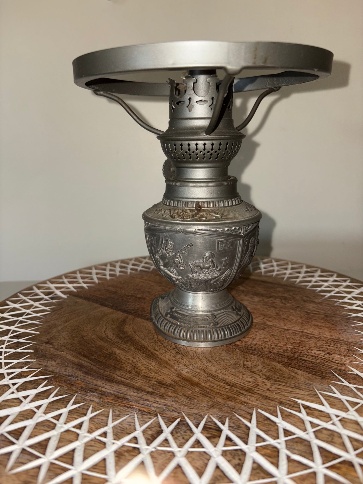 Vintage German WMF Ges. Gesch Pewter Embossed Spike Oil Lamp/No Shade