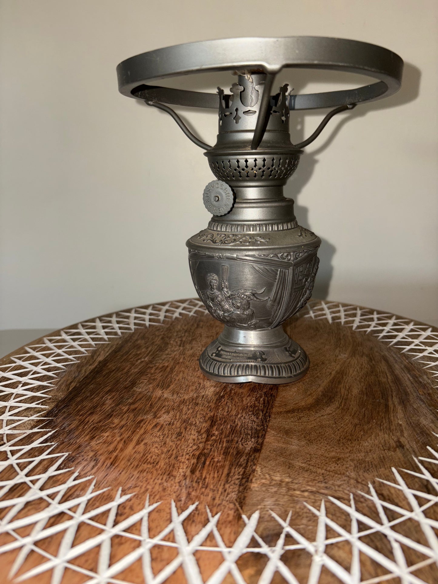 Vintage German WMF Ges. Gesch Pewter Embossed Spike Oil Lamp/No Shade