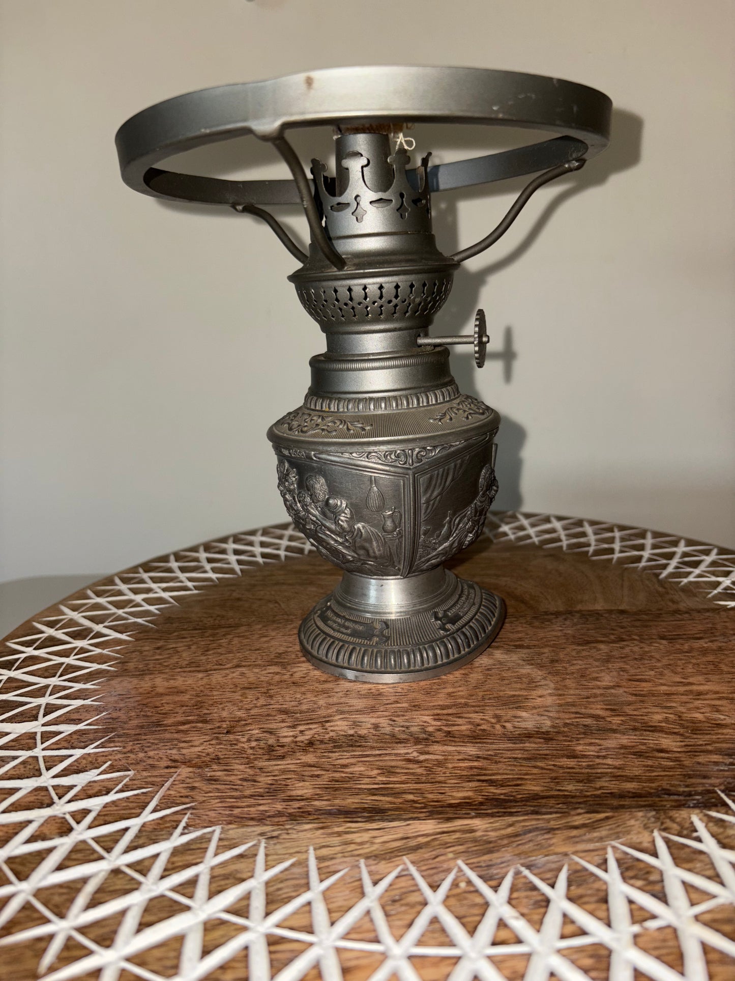 Vintage German WMF Ges. Gesch Pewter Embossed Spike Oil Lamp/No Shade
