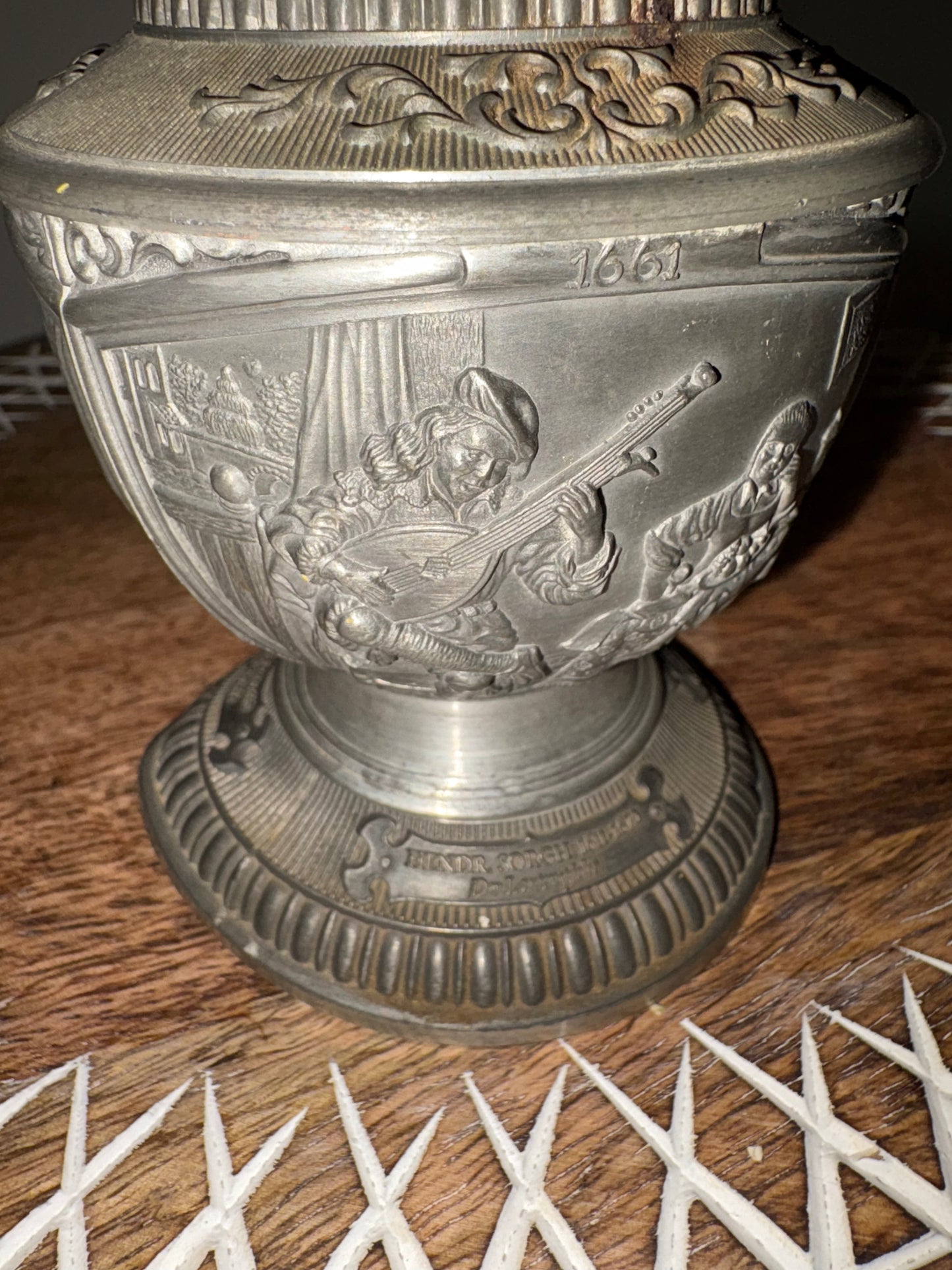 Vintage German WMF Ges. Gesch Pewter Embossed Spike Oil Lamp/No Shade