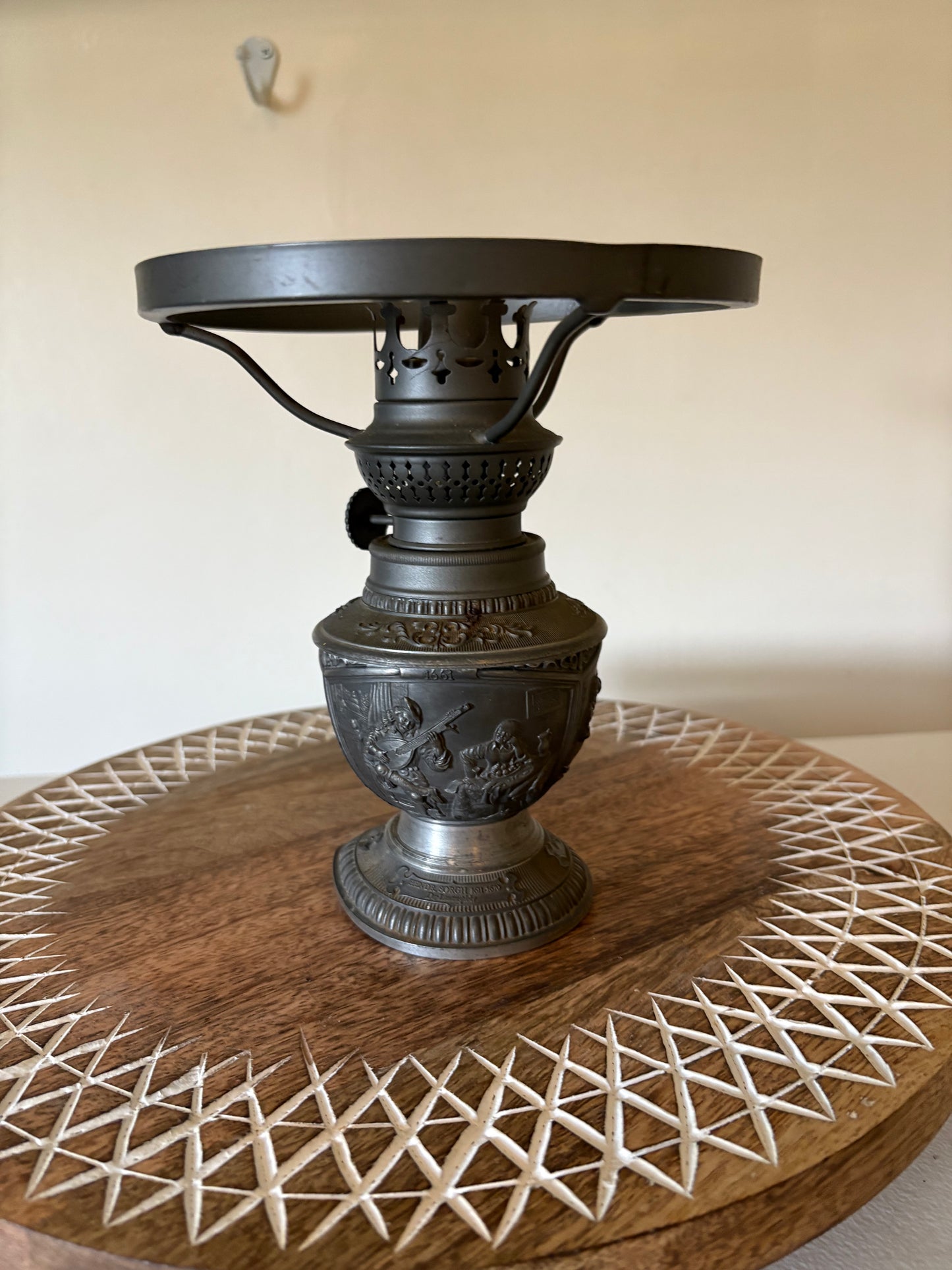 Vintage German WMF Ges. Gesch Pewter Embossed Spike Oil Lamp/No Shade
