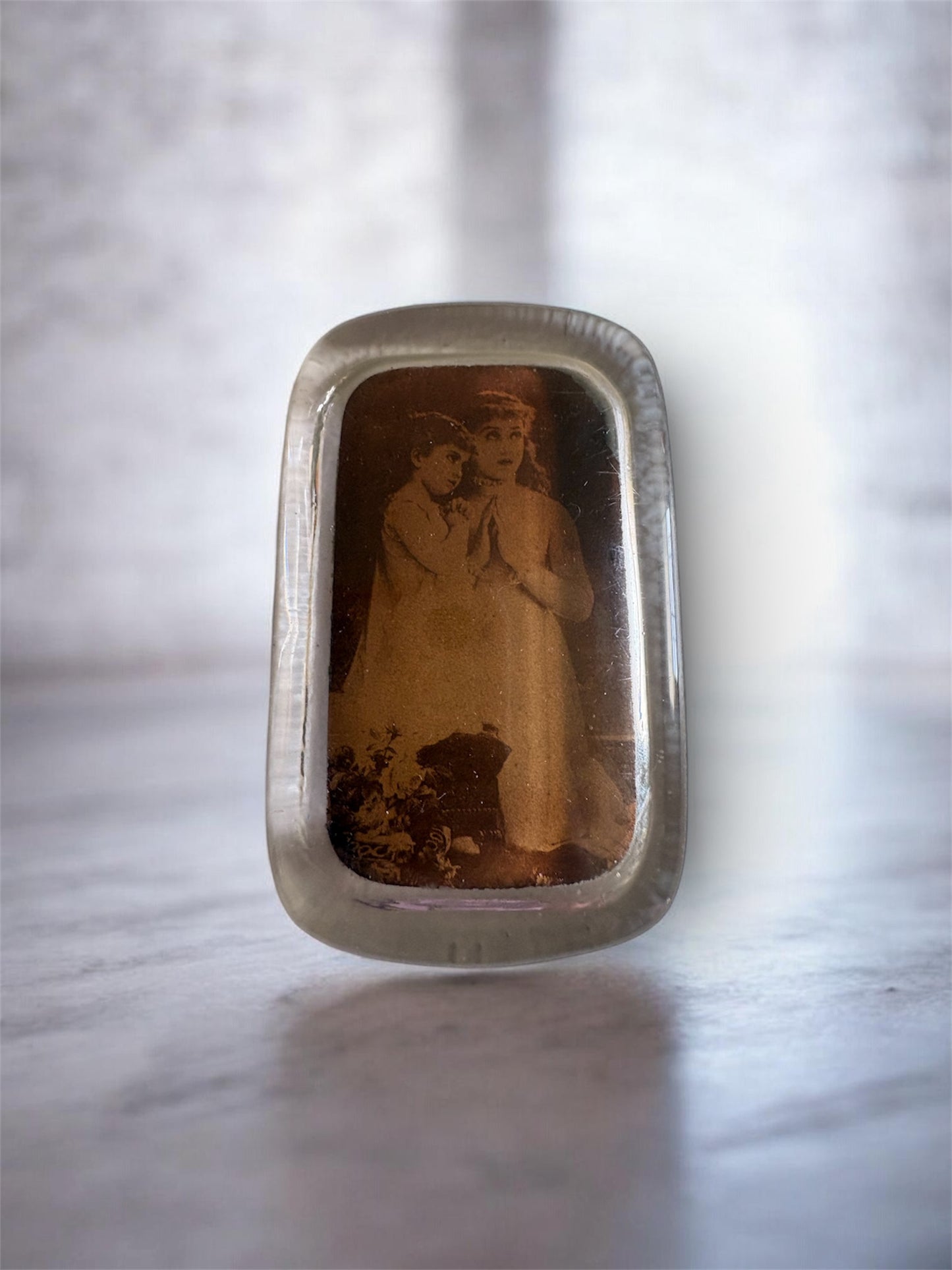 Antique Picture Glass Rectangular Paperweight. Two Children Praying
