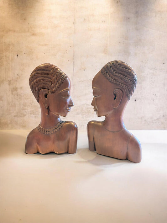 Mid Century Modern Hagenauer Style Wood Sculpted Tribal African Heads Book Ends