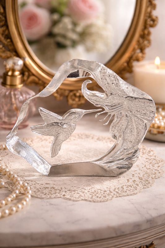 Hummingbird & Orchid Paperweight~ Hand Engraved Intaglio Lead Crystal Art