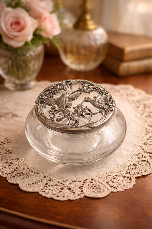 1989 Rawcliffe Pewter Hummingbirds Lidded Glass Potpourri Trinket Dish