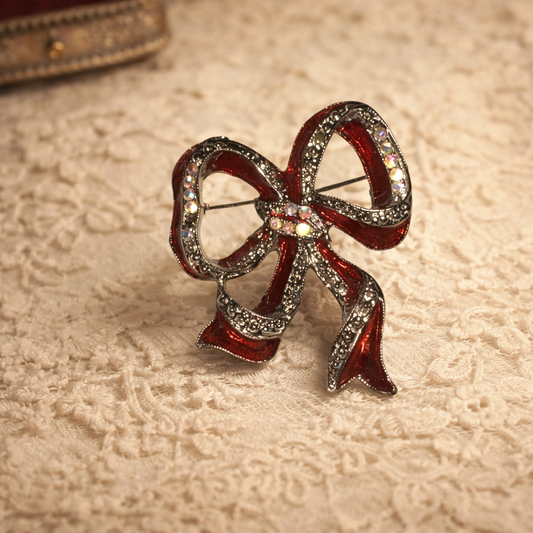 Red Enamelled Bow Pin With Crystal Accents