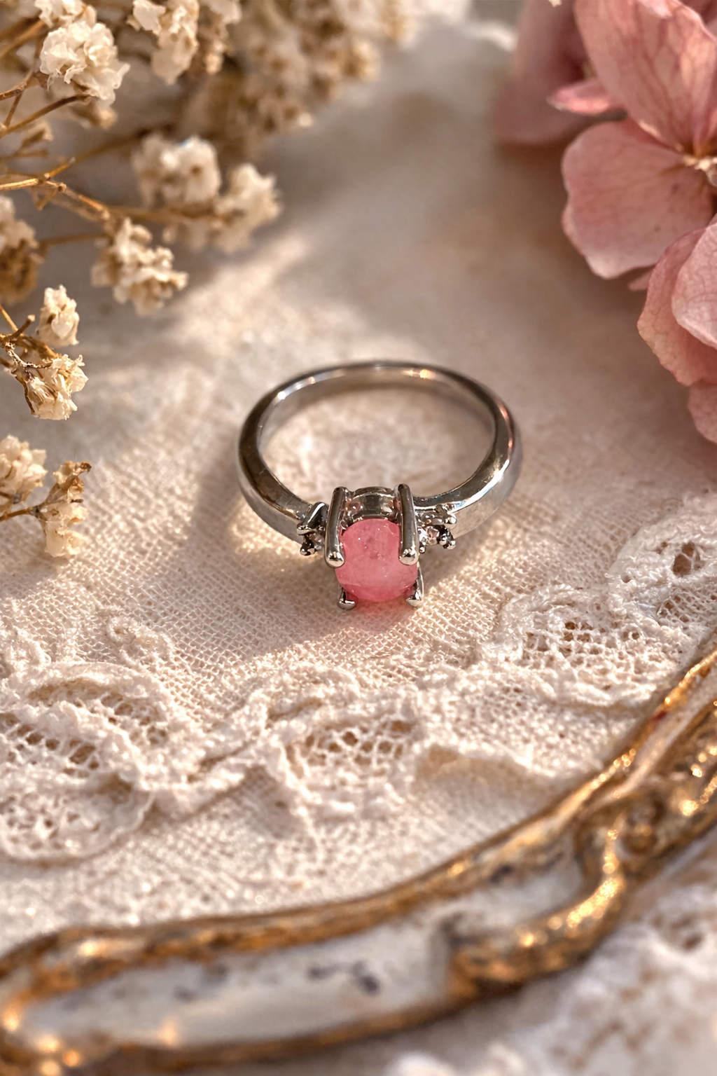 Lab Made Pink Opal Silver Tone Ring. Size 6.5