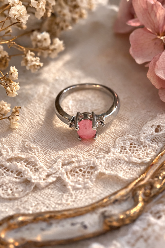 Lab Made Pink Opal Silver Tone Ring. Size 6.5