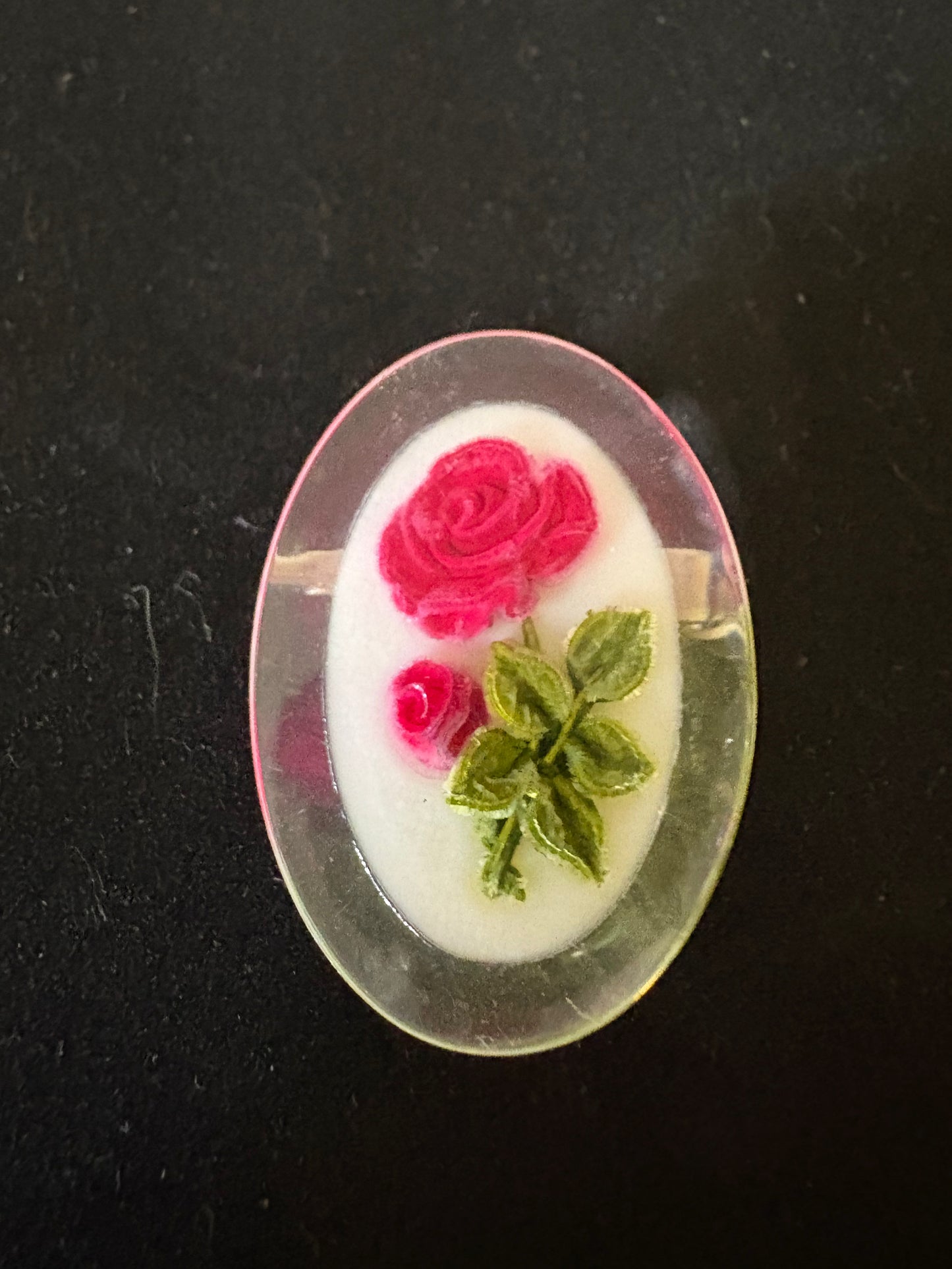 Vintage Oval  Lucite Brooch Pin Encased Red Rose Flower 1.75"